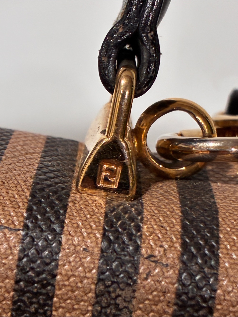 Fendi Pequin Vintage Top Handle Black Brown Striped Crossbody Bag - Picture 3 of 8